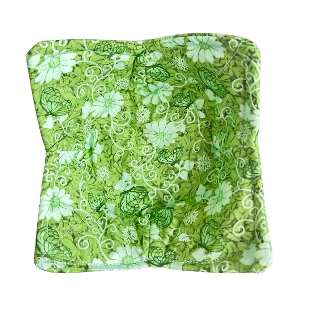 Hand Crafted Colorful Green Floral Butterfly Microwave Bowl Cozy 100% Cotton
